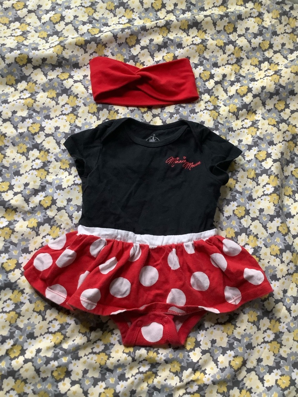 Minnie Mouse Red & Black Polka Dot Baby One-Piece Bodysuit with Headband